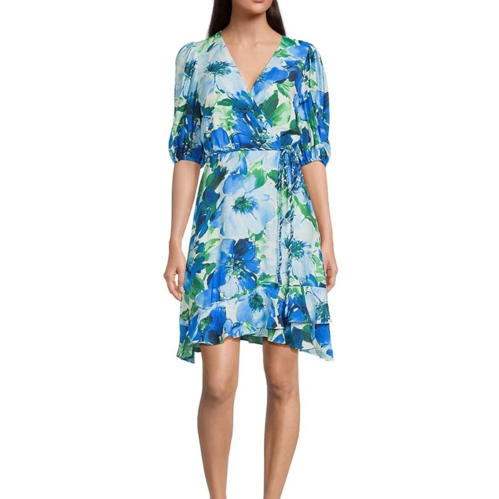 NWT Alex Marie Asymmetrical Dress in Blue and Green Floral Size 8